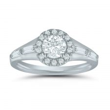Re-mount engagement ring set with tapered baguettes along each side of a one carat halo center.