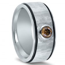 Custom hammered wedding band with orange diamond and black rhodium