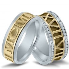 Custom Roman numeral two-tone gold wedding bands